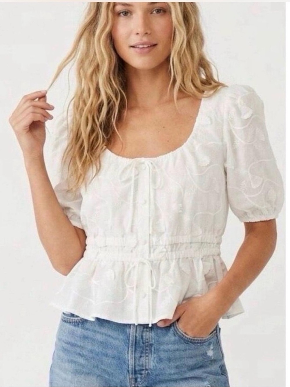 NWT Joie White Peplum Puff-Sleeve Blouse